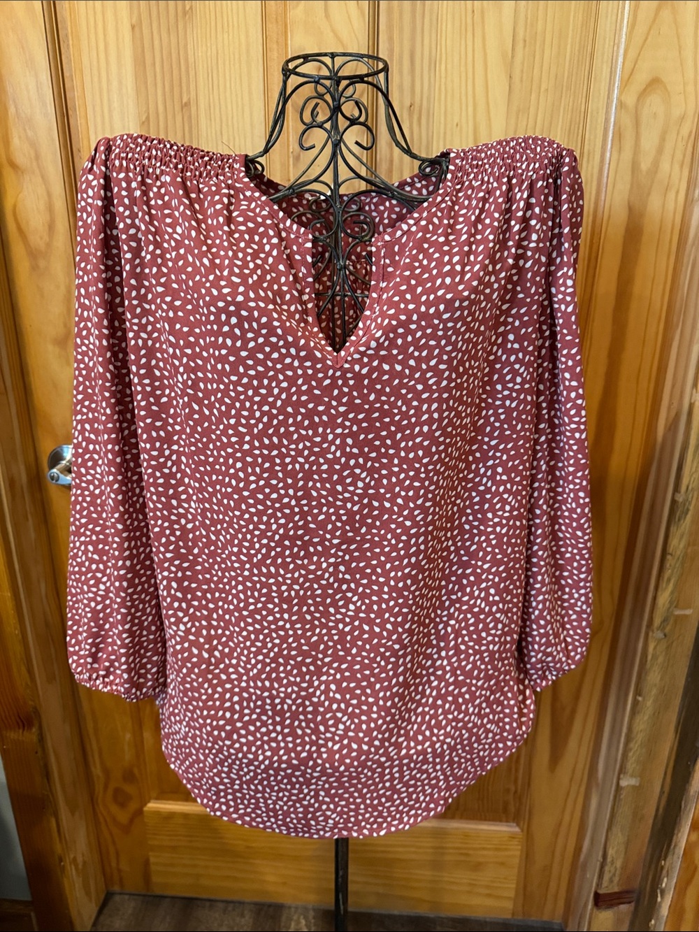 fun 2 fun Rust Red Dot Print Peasant Blouse